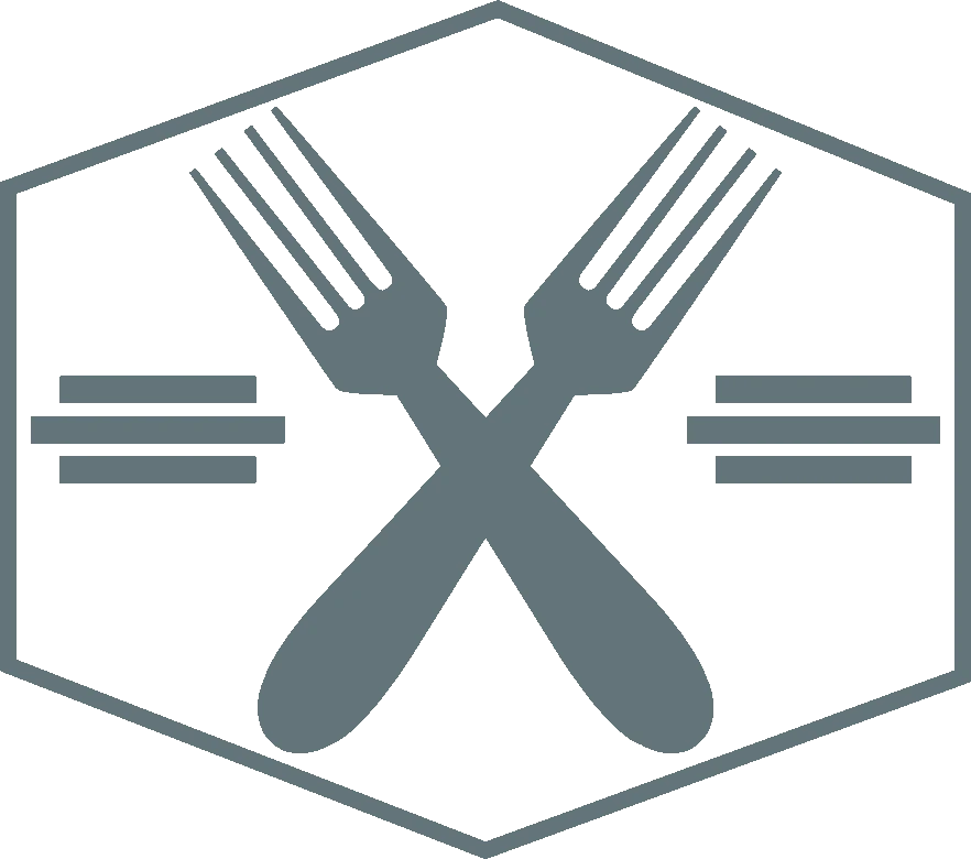 Gray icon of two crossed forks inside a hexagon
