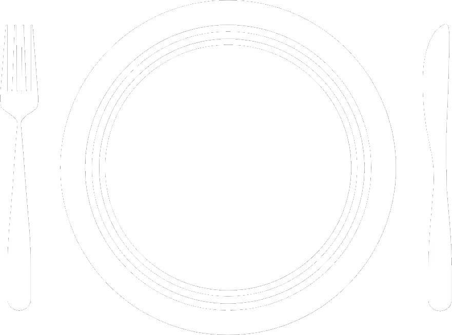 Line drawing of a dinner plate with a fork and knife